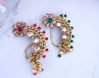 Gold Green and Red Flower Set of Two Maharashtrian Nath Women Indian Nose Pin Ring Stud No Piercing Required