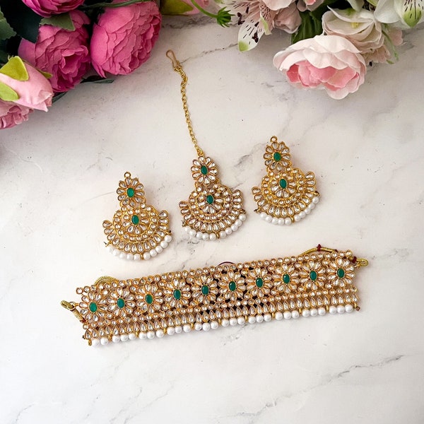 Green Floral  Kundan Gold Plated Choker Pearls Necklace Earrings and Maang Tikka Jewellery Set Kundan Set Indian Jewellery Set