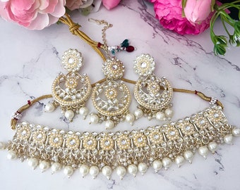 White Floral Kundan Choker Necklace Earrings and Maang Tikka Set Indian Jewellery Set