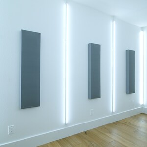 May include: Three gray rectangular sound panels are mounted on a white wall with white trim. The panels are evenly spaced and are illuminated by long, thin, white LED lights.