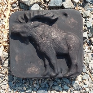 May include: A dark gray, square-shaped decorative plaque featuring a detailed relief of a moose. The moose is depicted in a side profile, with prominent antlers and a textured surface. The plaque is set against a background of small rocks.