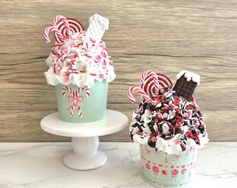 Green Christmas Candy Cane Lane Fake Cupcake