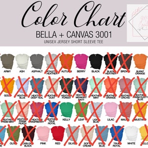 May include: Color chart for Bella + Canvas 3001 unisex jersey short sleeve t-shirts. The chart shows a variety of colors, including aqua, army, ash, asphalt, athlete heather, autumn, berry, black, black heather, brown, burnt orange, dark grey heather, forest, gold, heather blue, heather deep teal, heather dust, heather forest, heather midnight navy, heather mint, heather orange, heather orchid, heather prism dusty blue, heather prism ice blue, heather prism lilac, heather prism mint, heather prism peach, heather raspberry, heather true royal, kelly, leaf, light blue, lilac, mauve, mustard, navy, ocean blue, olive, oxblood black, pink, red, silver, soft cream, steel blue, true royal, white, and yellow.