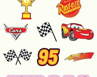 Puede incluir: Un conjunto de archivos de corte digital con personajes y logotipos de la película Cars de Disney Pixar. El conjunto incluye un coche de carreras rojo con el número 95, una bandera a cuadros, un trofeo y las palabras "Cars" y "Rust-eze" en un logotipo rojo y amarillo.