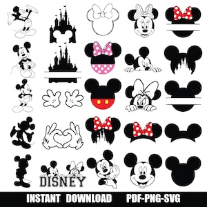 Paquete de svg de castillo, svg de princesa, clipart de castillo, Mickey mouse con cabeza de corazón, svg de reino mágico, archivos de corte para silueta de cricut