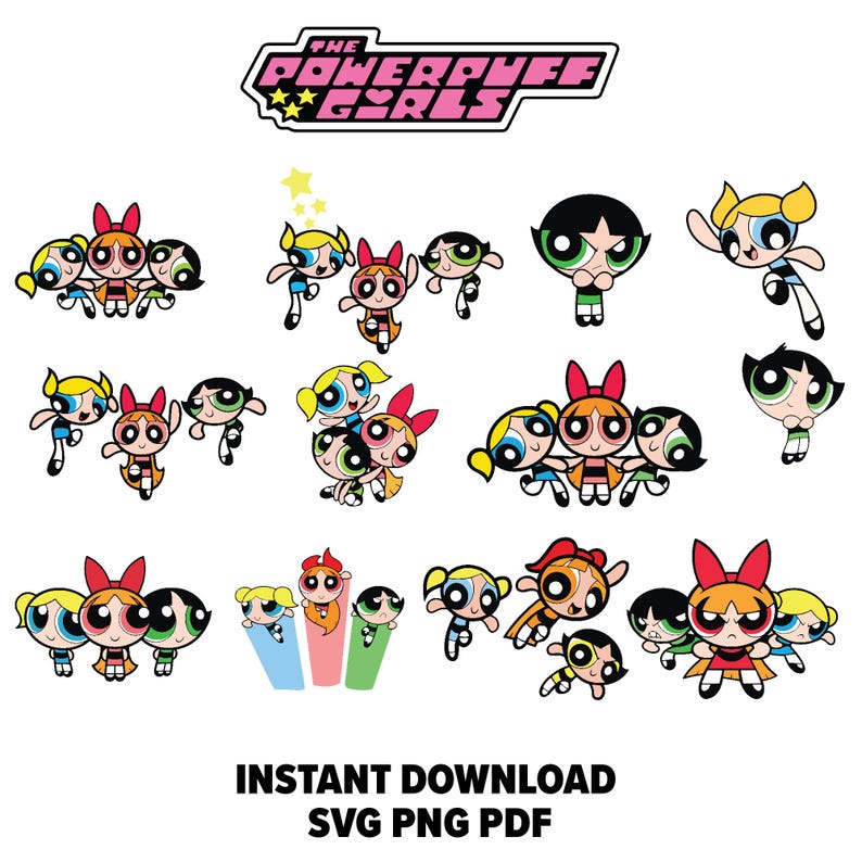 May include: A set of 10 digital cut files featuring the Powerpuff Girls in various poses. The girls are depicted in their signature colors: Blossom is pink, Bubbles is blue, and Buttercup is green. The files are available for instant download in SVG, PNG, and PDF formats.