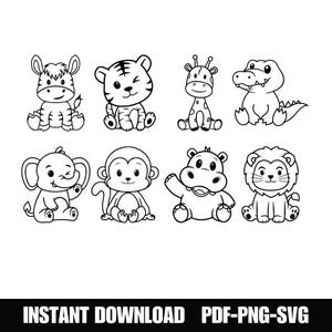 Contour d'animaux de safari SVG mignon animal de la jungle africaine coupe fichier Cricut Silhouette Lion tigre hippopotame girafe zèbre singe zoo savane enfants bébé