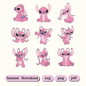 May include: Nine pink cartoon character illustrations in various poses. The characters have large ears, big eyes, and are in different positions. The words "Instant Download", "svg", "png", and "pdf" are at the bottom of the image.