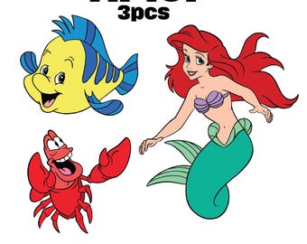 May include: A set of three digital cut files featuring Ariel from The Little Mermaid. The set includes Ariel as a mermaid, a yellow fish, and a red crab. The text "Ariel 3pcs" is at the top of the image. The text "PDF-PNG-SVG" is at the bottom of the image.