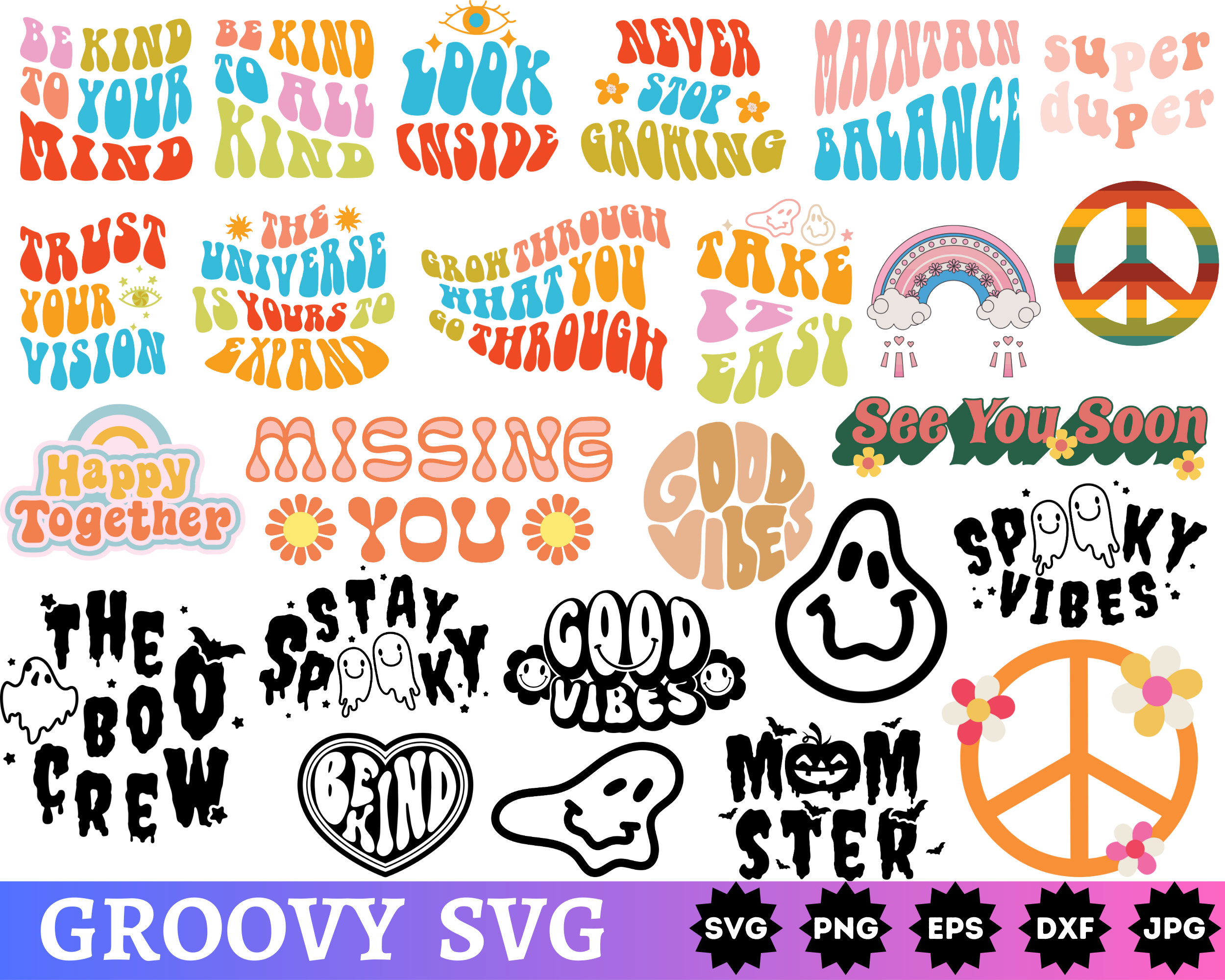 Groovy SVG Bundle Boho Rainbow SVG Hippie SVG Inspirational Svg ...