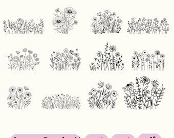 Lot de fleurs sauvages SVG, croquis floral, dessin botanique (téléchargement numérique)