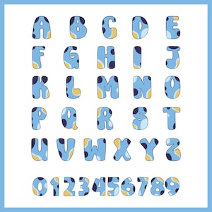 Blue Dog Alphabet With Numbers Svg, Designs Easy to use Cartoon Characters, Layered Svg by colors, Transparent Png, Cut files for Cricut.