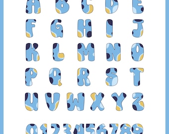 Blauer Hund Alphabet mit Zahlen, Designs, einfach zu verwenden, Zeichentrickfiguren, Layered-Svg nach Farben, transparente Png, Schnittdateien für Cricut.