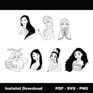 Princess Svg Bundle, Princess Silhouette Svg Files, Tiana Svg, Princess Clipart, Frozen Svg, Rapunzel Svg, Snow White Svg, Svg For Cricut
