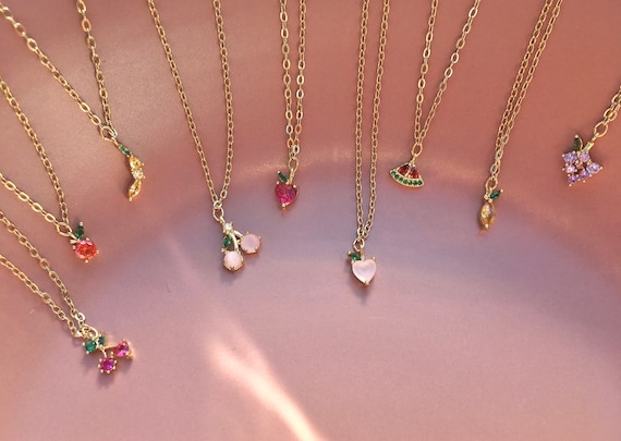 18k Gold Crystal Fruit Necklace Lemon Grape Dainty Necklace