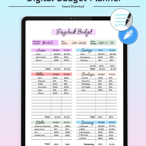 May include: A digital budget planner template with a pink and blue color scheme. The template includes sections for income, bills, envelopes, debts, and a summary. The template is designed for use with a tablet or computer.