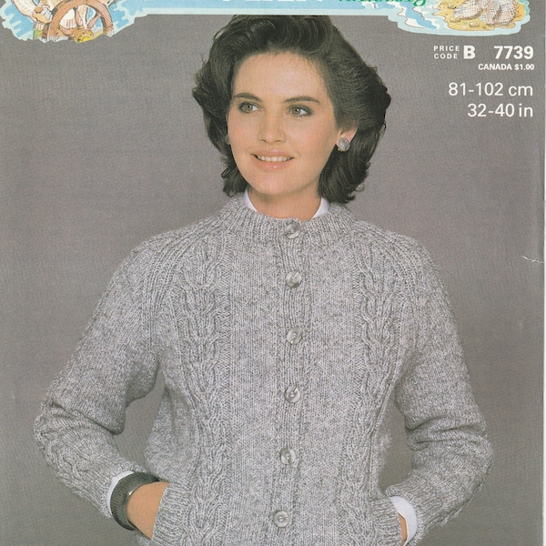 Patons Capstan 7739 Cable Style Jacket, Cable Panel Jacket Pattern, Ladies Vintage Button Up Cable Sweater Pattern