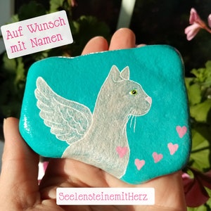 Gedenkstein für Katzen mit Name, Katze mit Flügel, Seelenkatze Liebe, Grabstein Katze, Grabstein bunt, Seelensteine mit Herz, Troststein