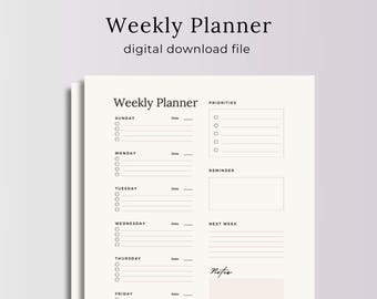 Agenda hebdomadaire, fichier en téléchargement numérique, aperçu de la semaine, style minimaliste, agenda imprimable simple non daté, agenda iPad