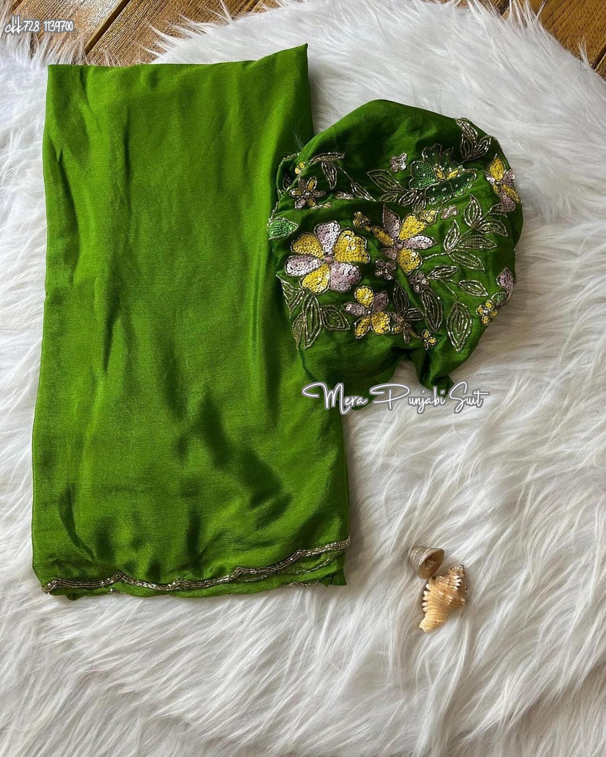 Women's chinnon Green Woven Design Designer Saree With Blouse Piece
