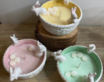 Cute ceramic hand poured scented candle with rabbits - Easter Bunnies