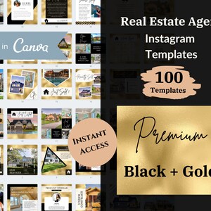 100 Luxury Real Estate Social media templates | Instagram Facebook posts Stories Bundle Gold | Real Estate Social Media | Editable Canva