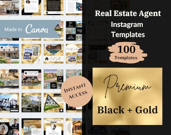 100 Luxury Real Estate Social media templates | Instagram Facebook posts Stories Bundle Gold | Real Estate Social Media | Editable Canva