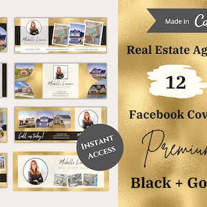May include: Twelve black and gold Facebook covers for a real estate agent. The covers feature photos of houses and a woman in a black blazer. The text "Real Estate Agent" and "Premium Black + Gold" are also included.