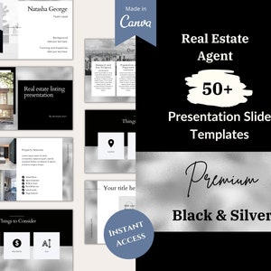 May include: A set of 50+ black and silver real estate presentation slides. The slides feature a modern design with a silver background and black text. The text includes "Real Estate Agent", "Presentation Slide Templates", "Premium", and "Instant Access".