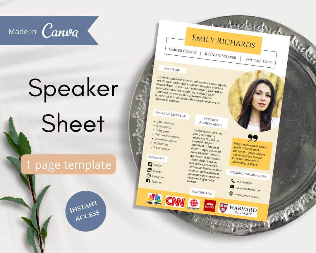 Speaker Sheet Template Canva, Speaker One Sheet, Professional Speaker ...