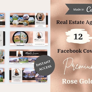 May include: Twelve Facebook cover templates for real estate agents. The covers feature a rose gold background with a white text overlay. The text reads "Real Estate Agent", "12 Facebook Covers", "Premium", and "Rose Gold".