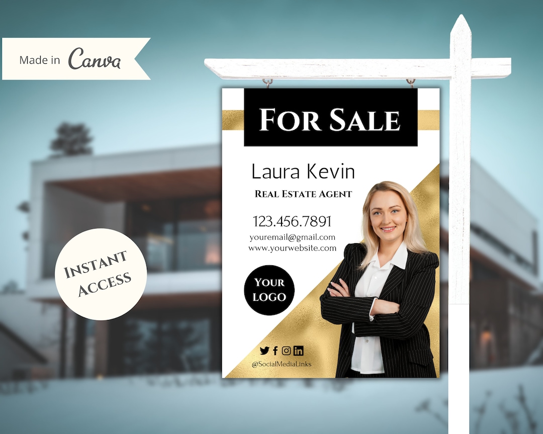 Luxury for Sale Realtor Yard Sign Templates Gold Editable in Etsy