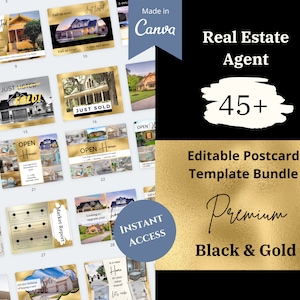 Plus de 45 modèles de cartes postales immobilières de luxe en or Bundle Canva | Cartes postales d’agent immobilier | Vient d'être répertorié, vient d'être vendu, mise à jour du marché, journée portes ouvertes
