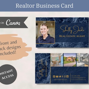 4 Real Estate Business Card Template Navy Blue Marble | Realtor Business Card | Real Estate Personal Branding | Realtor Marketing | Canva