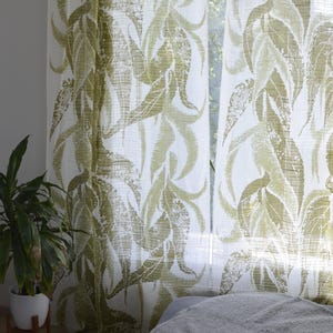 Vintage curtains green pattern pair of two panels long 70s green retro drapes 1970s Swedish Scandinavian home decor