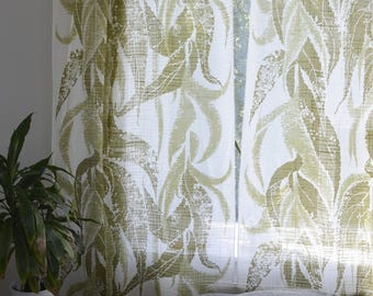 Vintage Green Botanical Curtains: 1970s Scandinavian Style, Pair of Two 82" Long Panels