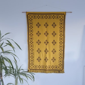 Vintage wall hanging wool Takana yellow reversible tapestry Finnish Woven Scandinavian decor