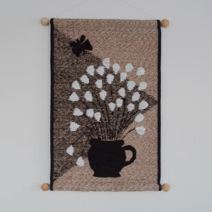 Finnish wall hanging Hanhisalon Kutomo oy vintage wool tapestry Woven wall tapestry brown black Mid century Scandinavian home decor weaving