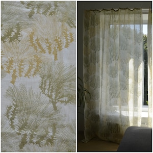 Vintage green curtains pair of two panels 70s tropical print drapes Scandinavian Swedish curtains