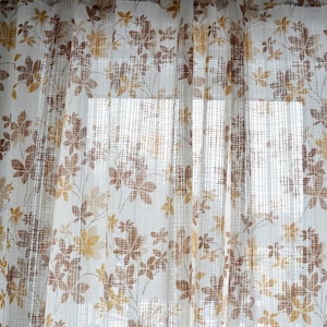 Vintage net curtains white brown floral print pair of two panels 70s retro drapes woven 1970s Swedish Scandinavian home decor