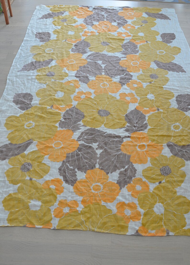 Vintage Net Curtains Pair of Two Panels 70s Orange Floral Drapes