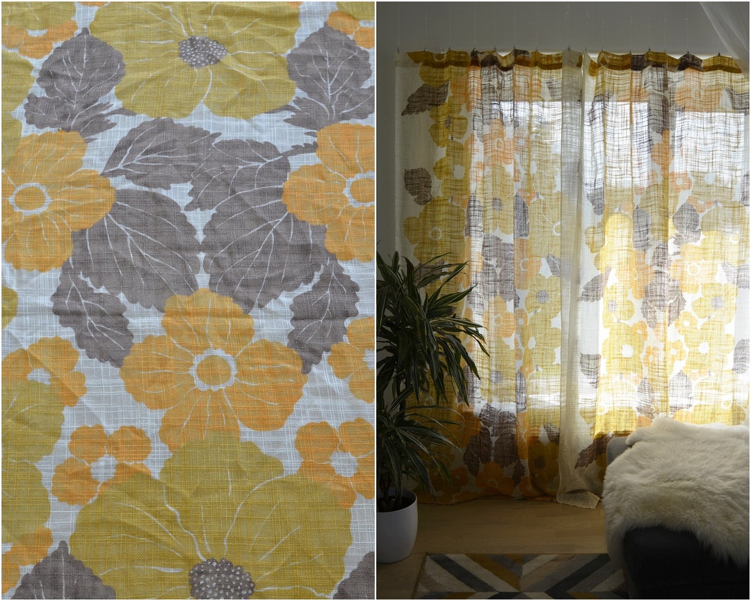 Vintage Net Curtains Pair of Two Panels 70s Orange Floral Drapes