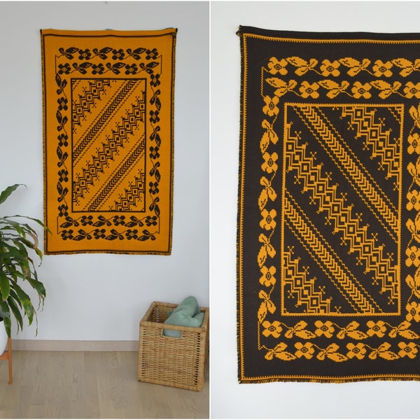 Finnish wall hanging wool Takana vintage reversible mid century tapestry Woven orange brown Scandinavian decor