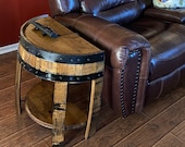 half whiskey barrel side table, barrel side table, whiskey barrel end table, whiskey barrel table, half round end table, barrel end table