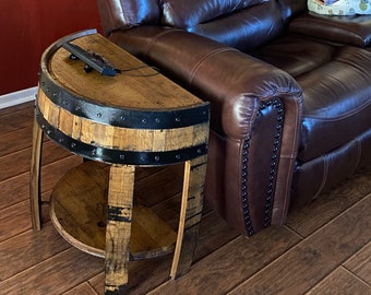 half whiskey barrel side table, barrel side table, whiskey barrel end table, whiskey barrel table, half round end table, barrel end table