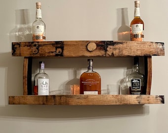 Barrel stave shelf - 2 tiered, whiskey stave shelf, liquor shelf, barrel shelf, wooden shelf