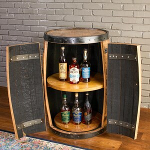 Whiskey Barrel Cabinet with doors, bourbon barrel bar with doors, barrel cabinet, barrel bar, whiskey barrel bar, barrel cabinet