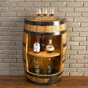 Half Barrel Display, whiskey barrel cabinet, bourbon barrel cabinet, half whiskey barrel cabinet, half barrel cabinet, whiskey barrel bar