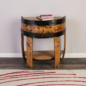 Half Whiskey Barrel Side Table: Rustic End Table with Shelf