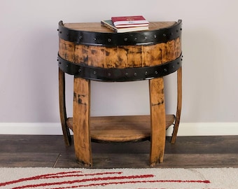 Half Whiskey Barrel Side Table: Rustic End Table with Shelf